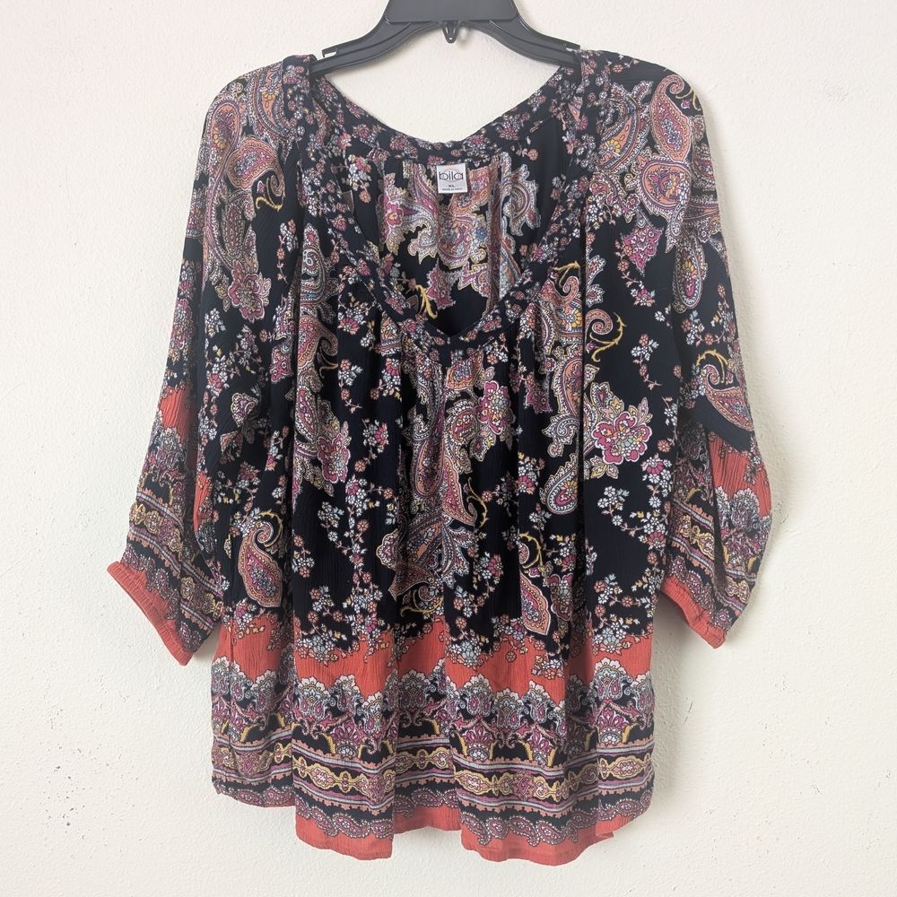 Bila Womens 3/4-Sleeve Top XL Navy Blue Coral Paisley Boho Cowgirl